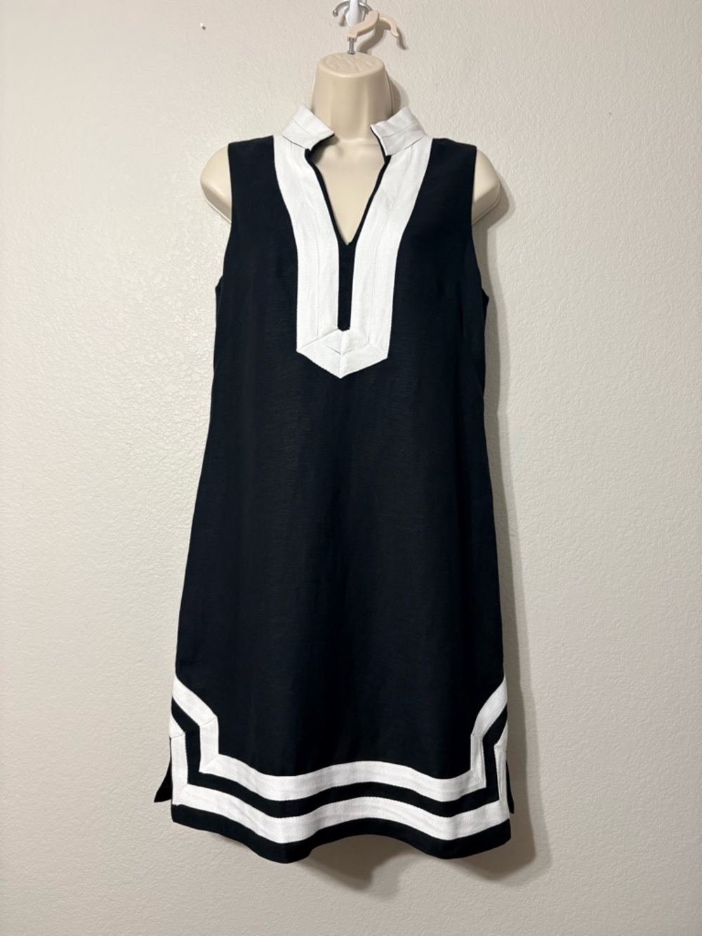 Eliza‎ J Black Linen Blend Sleeveless Mini Dress with White Contrast Trim 6